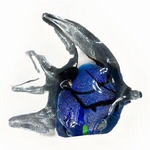 Murano Style Hand Blown Art Glass Angel Fish Figurine Clear Blue Swirl 5 in. VTG